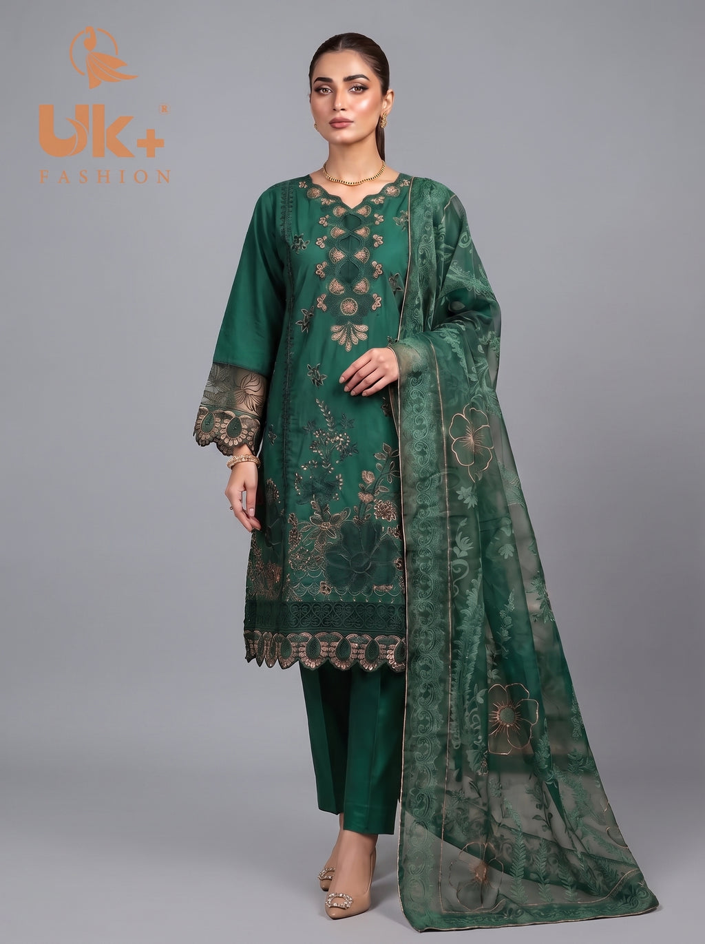 3Pc Embroidered Cotton Shirt, Trouser, Dupatta