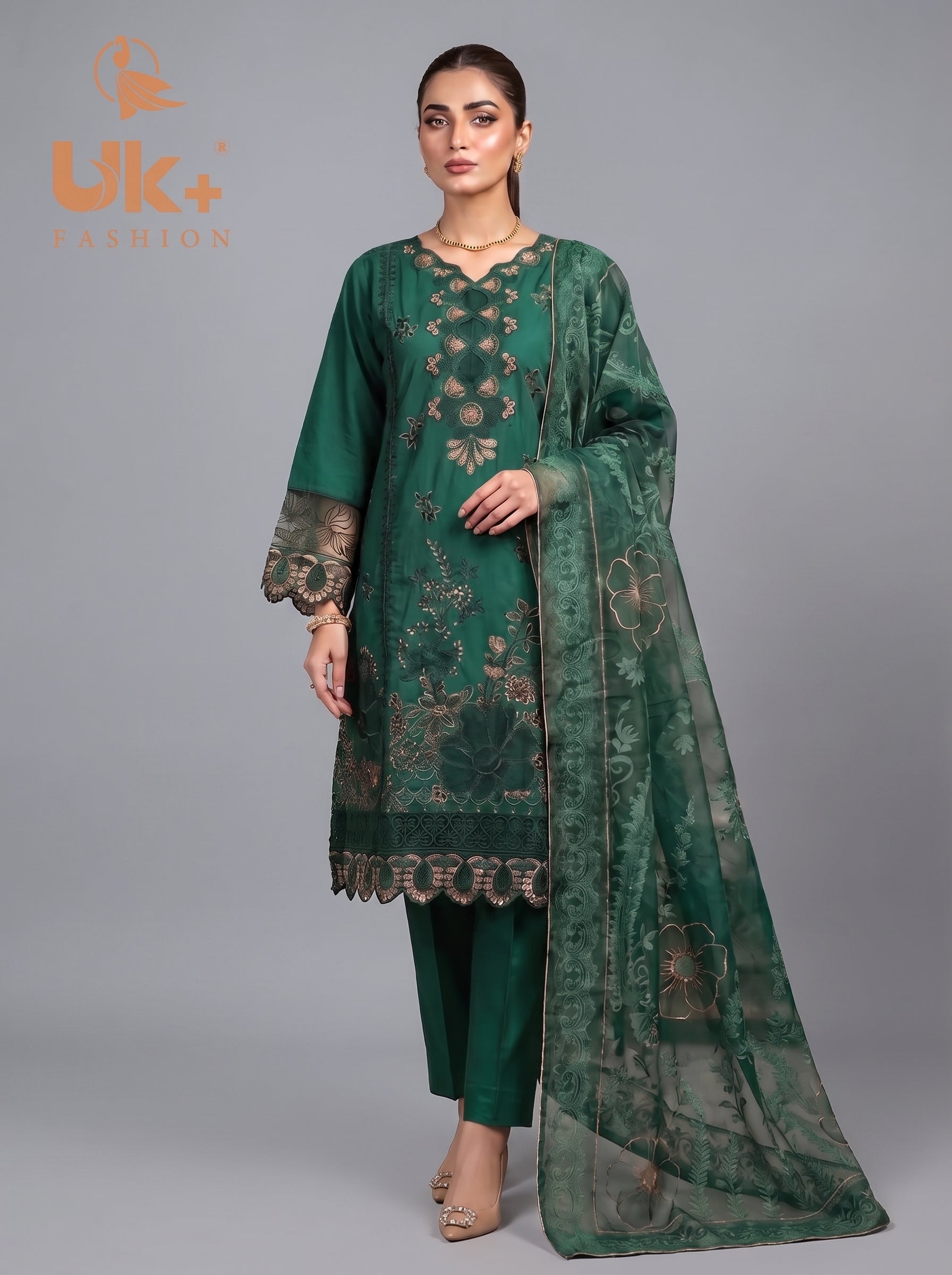 3Pc Embroidered Cotton Shirt, Trouser, Dupatta