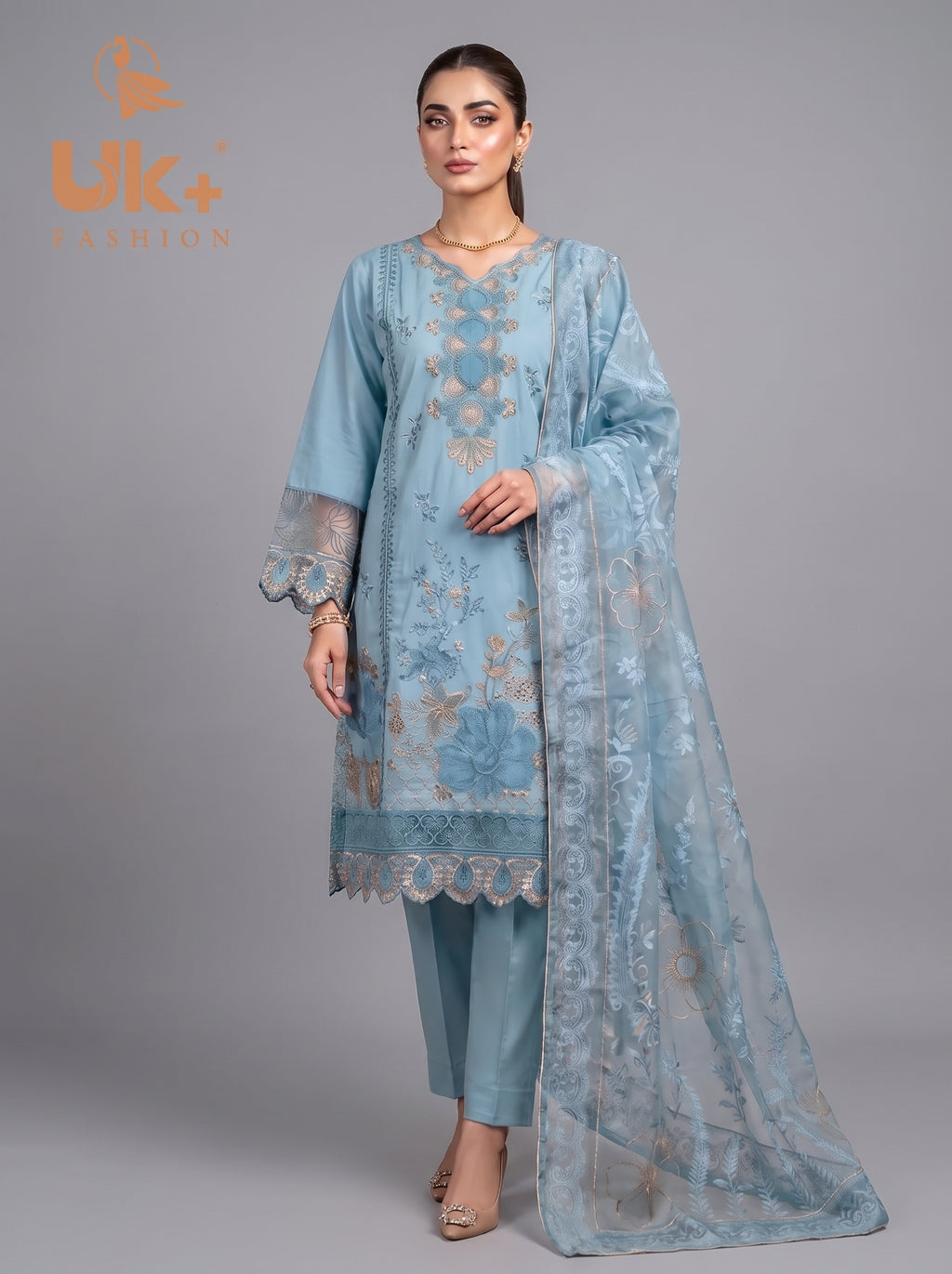 3Pc Embroidered Cotton Shirt, Trouser, Dupatta