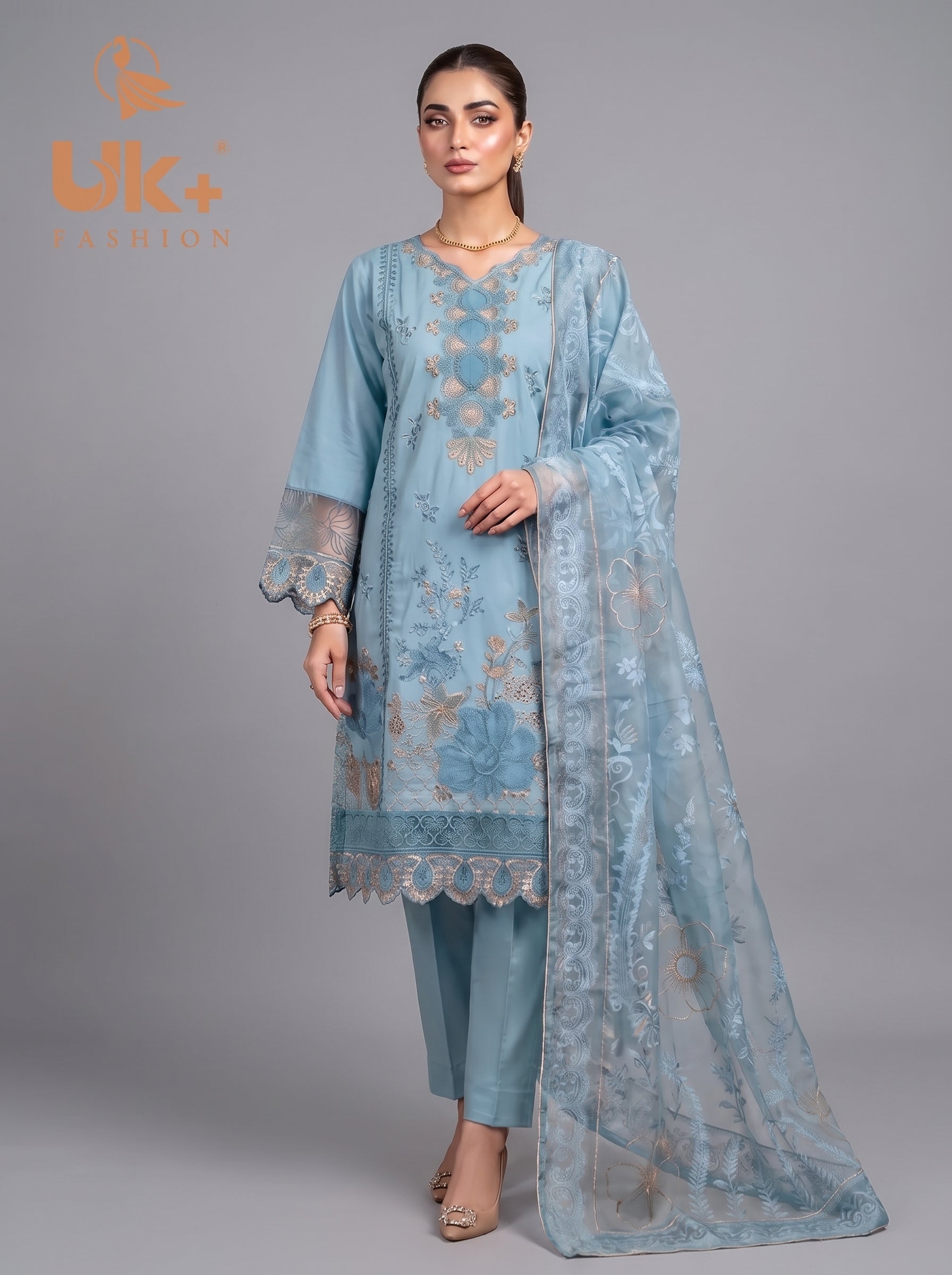3Pc Embroidered Cotton Shirt, Trouser, Dupatta