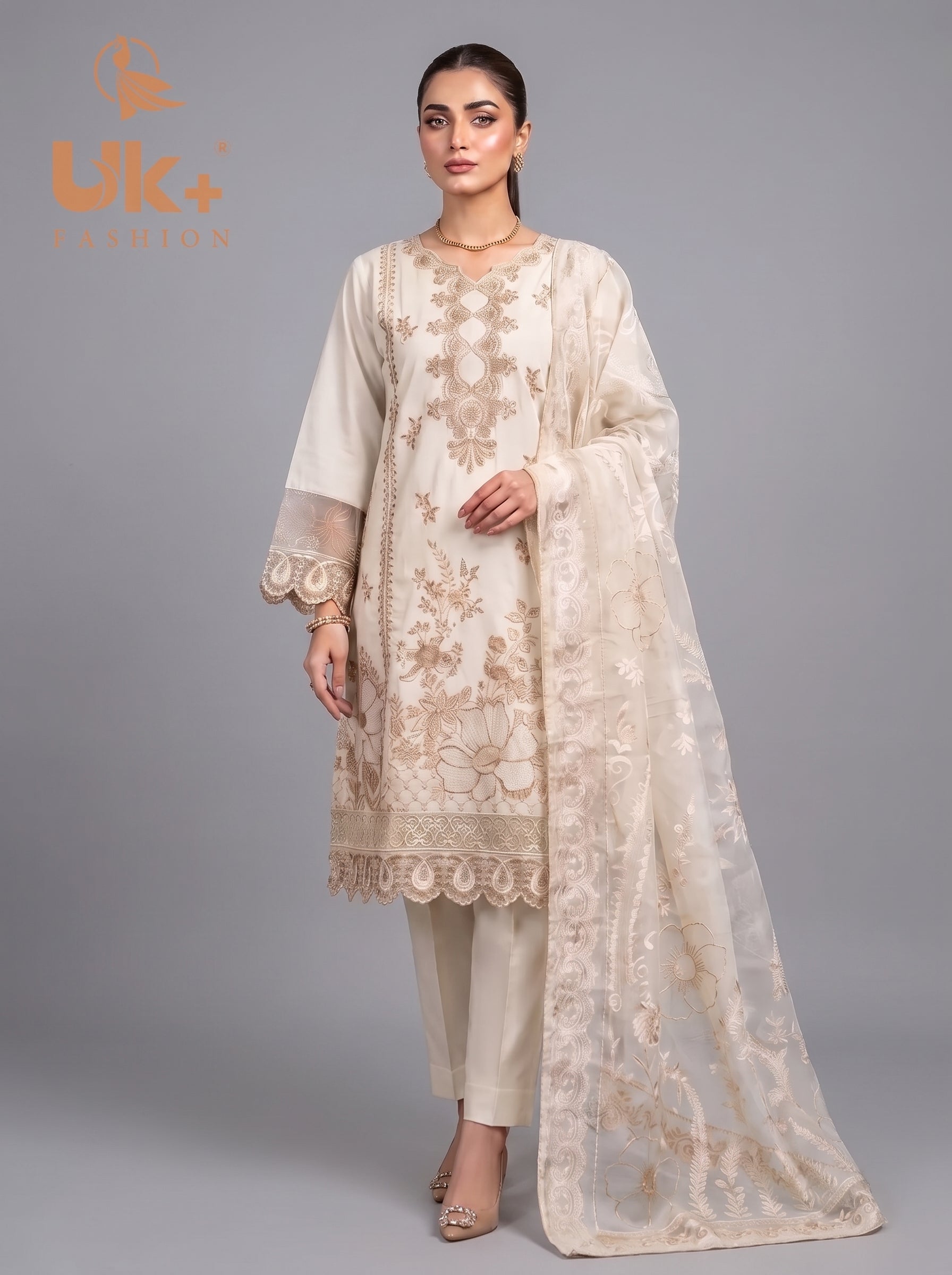 3Pc Embroidered Cotton Shirt, Trouser, Dupatta