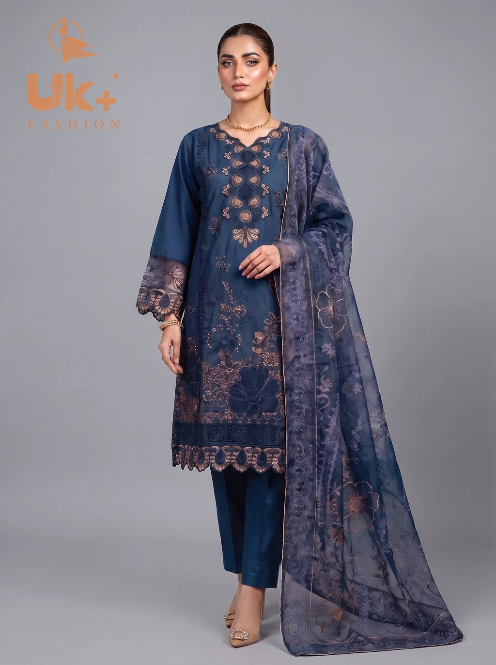 3Pc Embroidered Cotton Shirt, Trouser, Dupatta