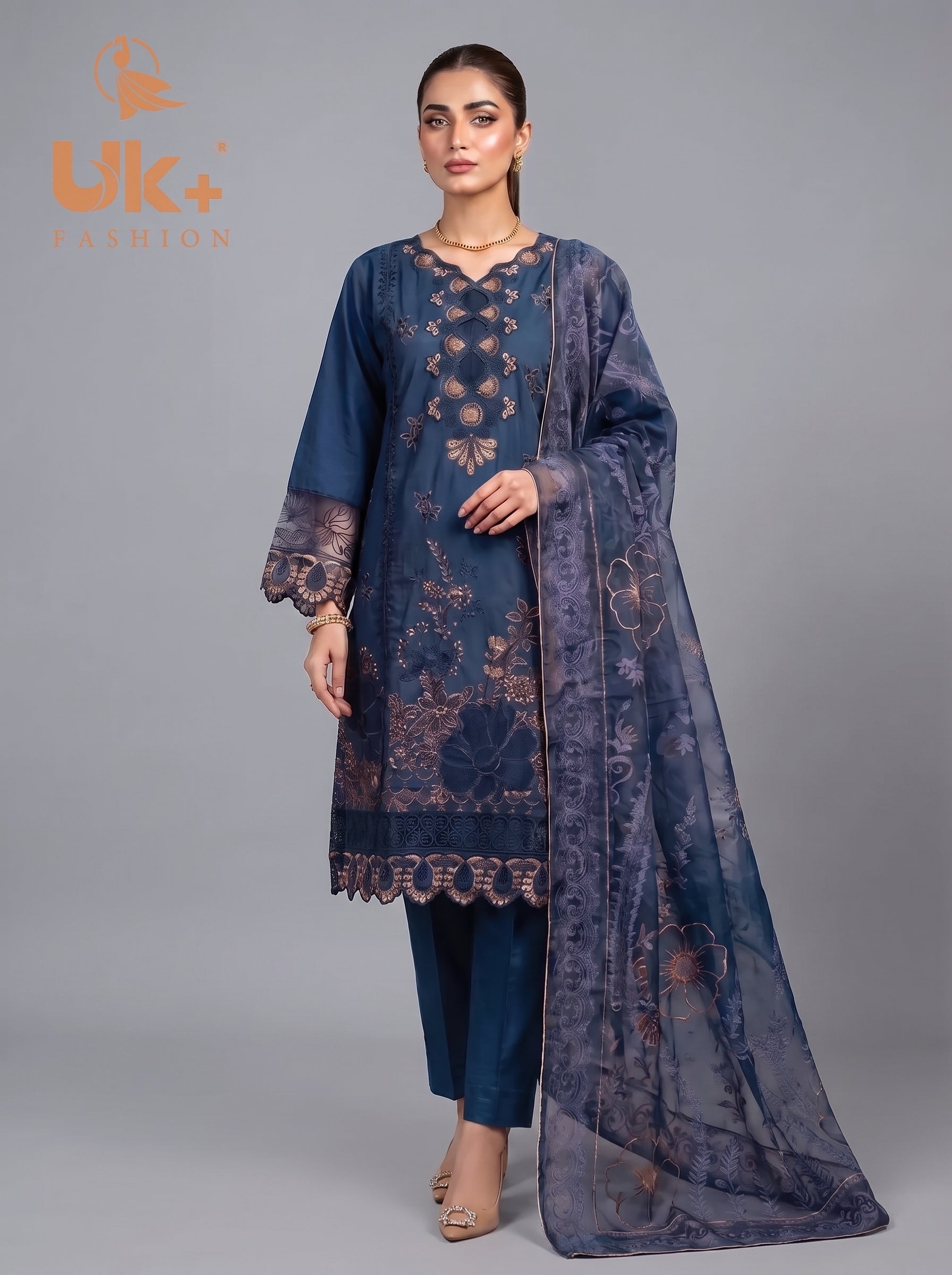 3Pc Embroidered Cotton Shirt, Trouser, Dupatta