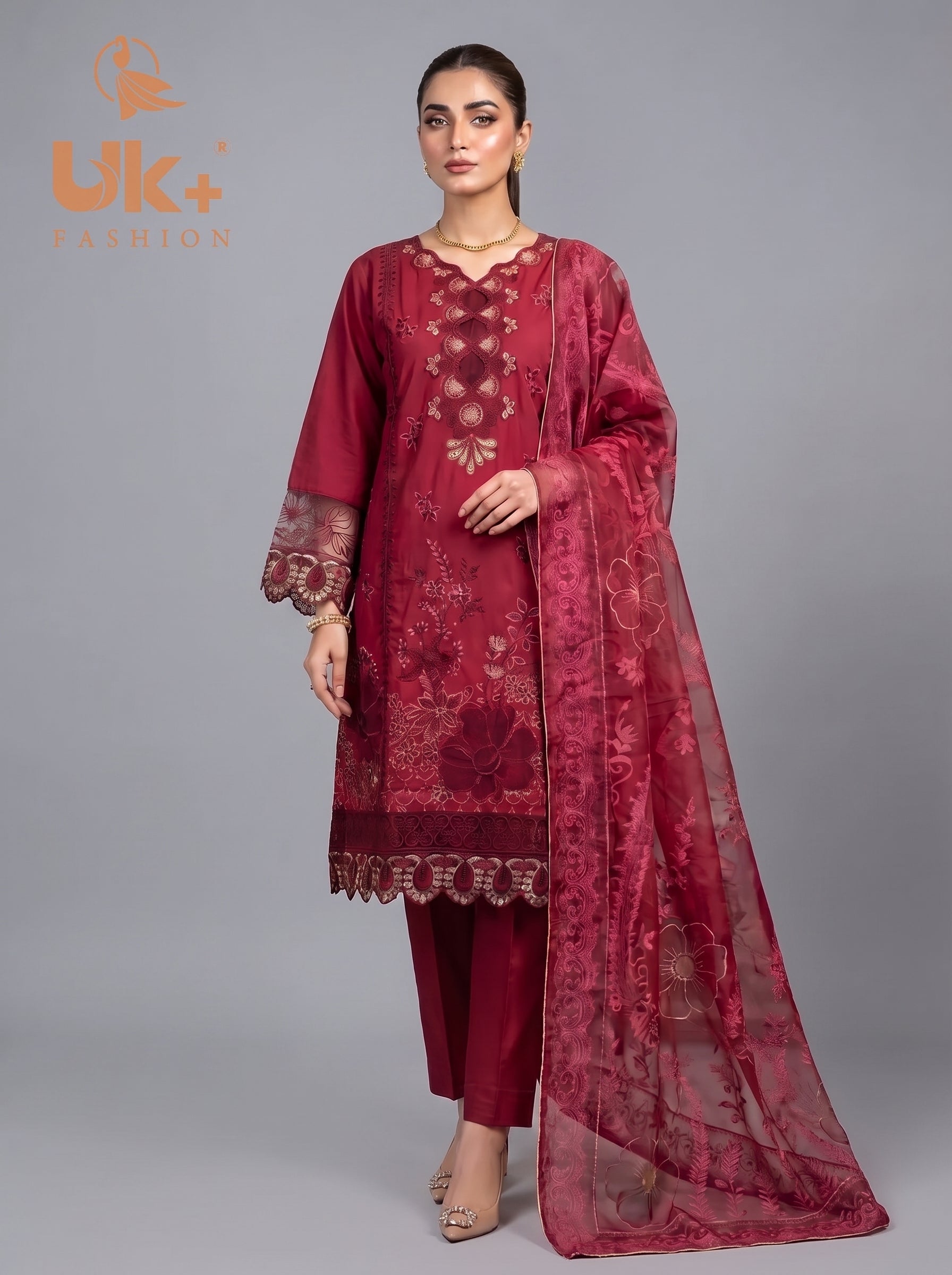 3Pc Embroidered Cotton Shirt, Trouser, Dupatta