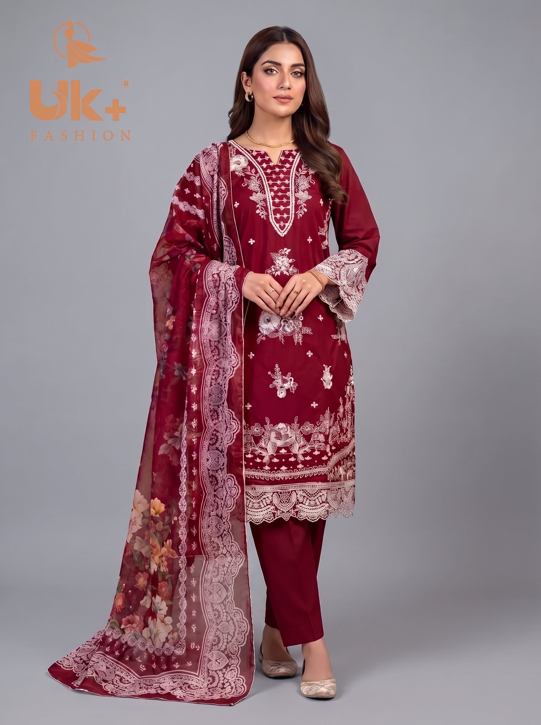3Pc Embroidered Cotton Shirt, Trouser, Dupatta