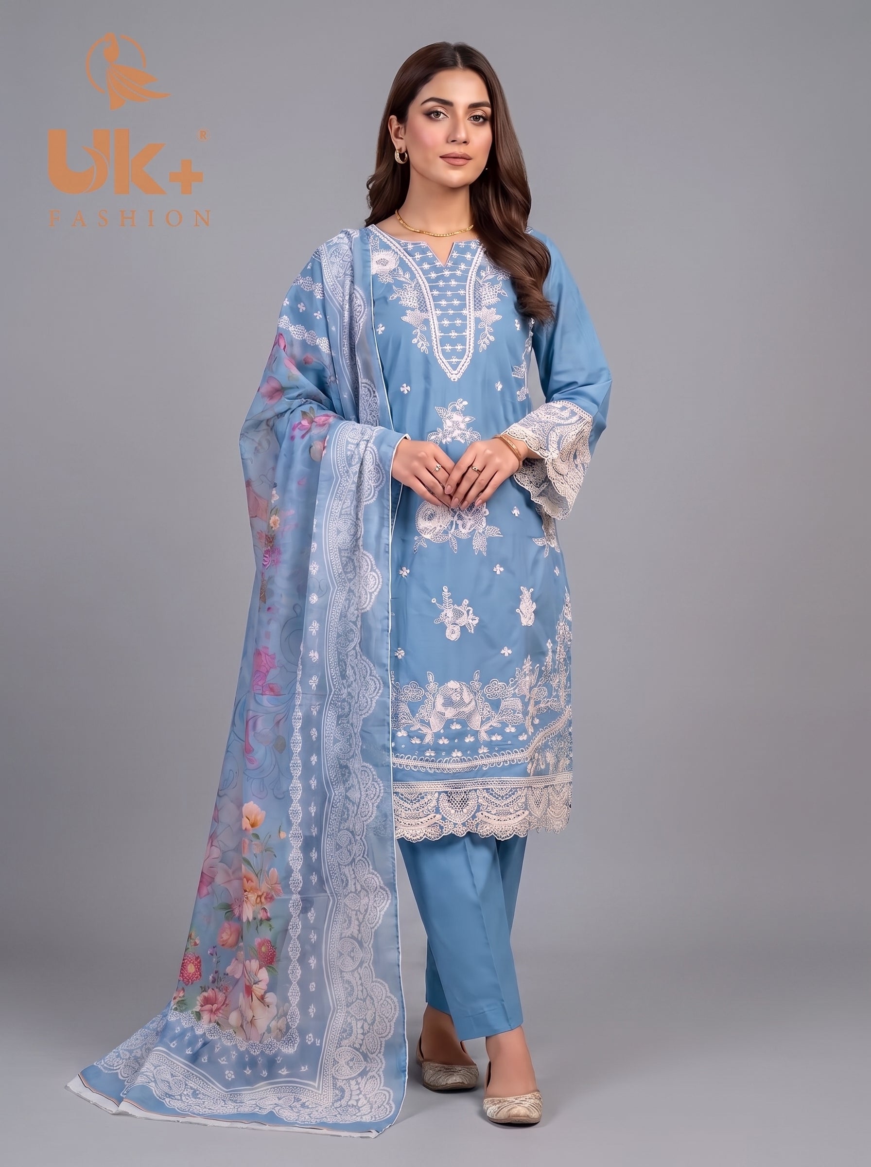 3Pc Embroidered Cotton Shirt, Trouser, Dupatta