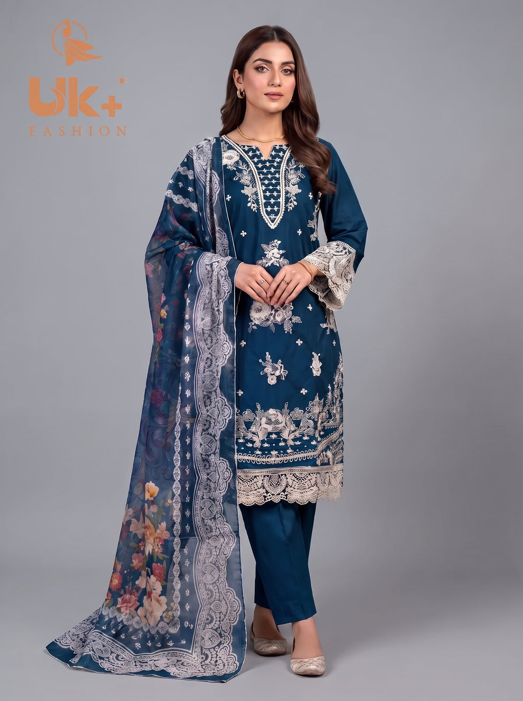 3Pc Embroidered Cotton Shirt, Trouser, Dupatta