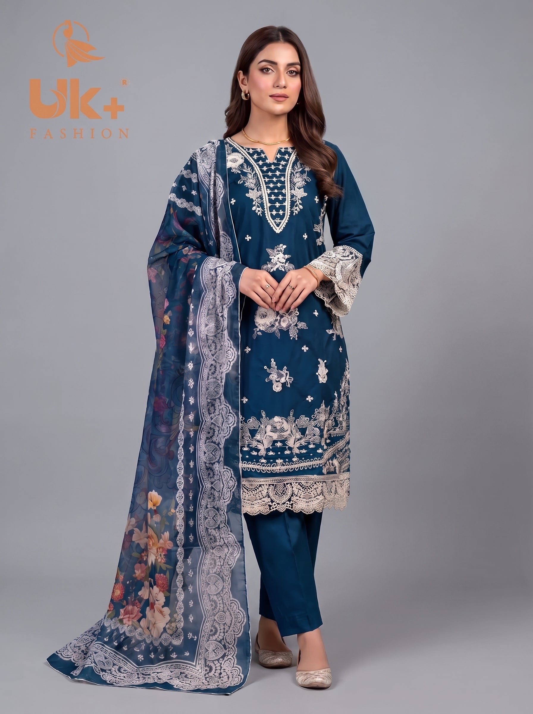 3Pc Embroidered Cotton Shirt, Trouser, Dupatta