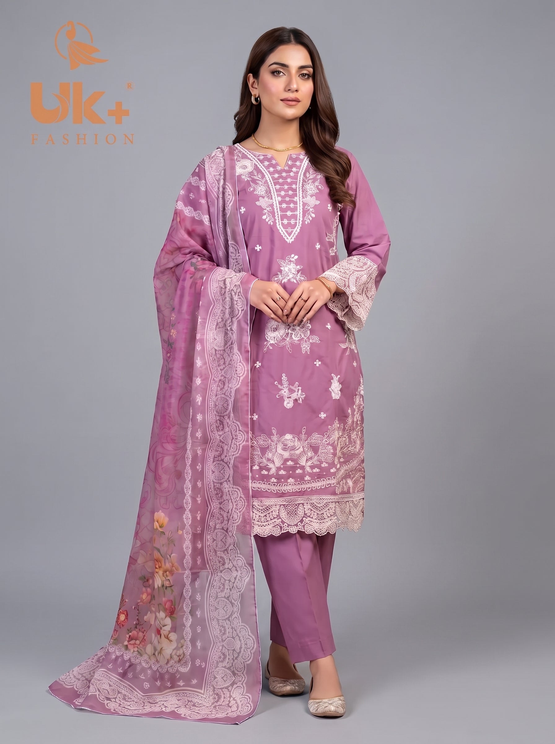 3Pc Embroidered Cotton Shirt, Trouser, Dupatta