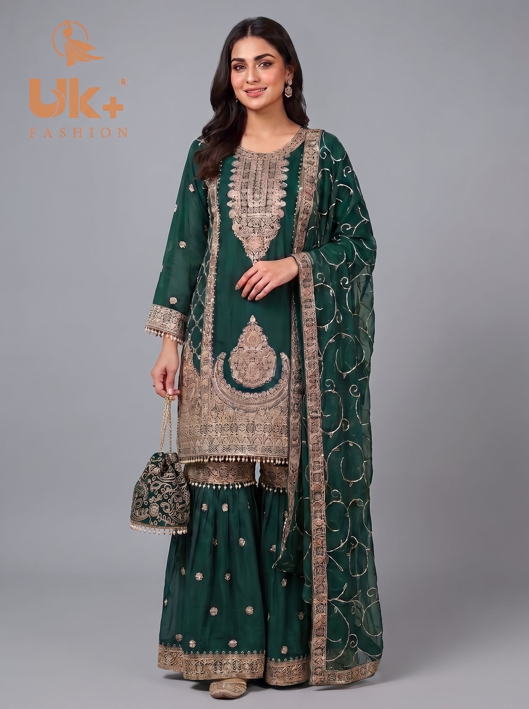 3Pc Embroided Chiffon Shirt, Gharara, Dupatta