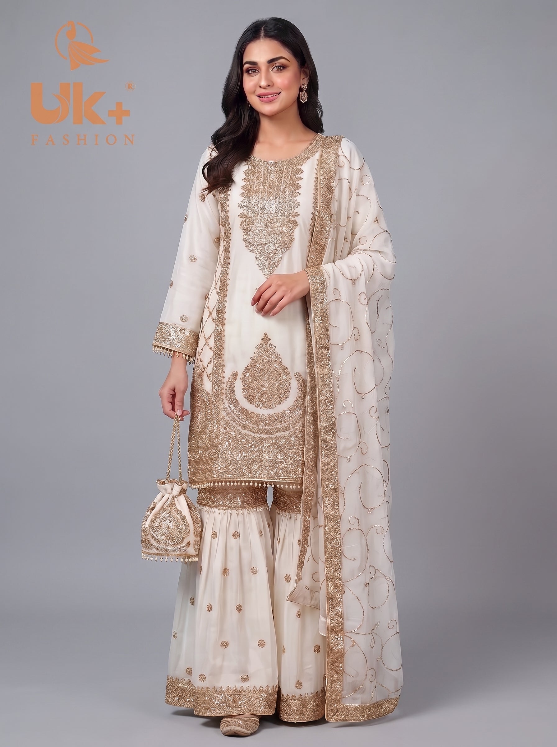 3Pc Embroided Chiffon Shirt, Gharara, Dupatta