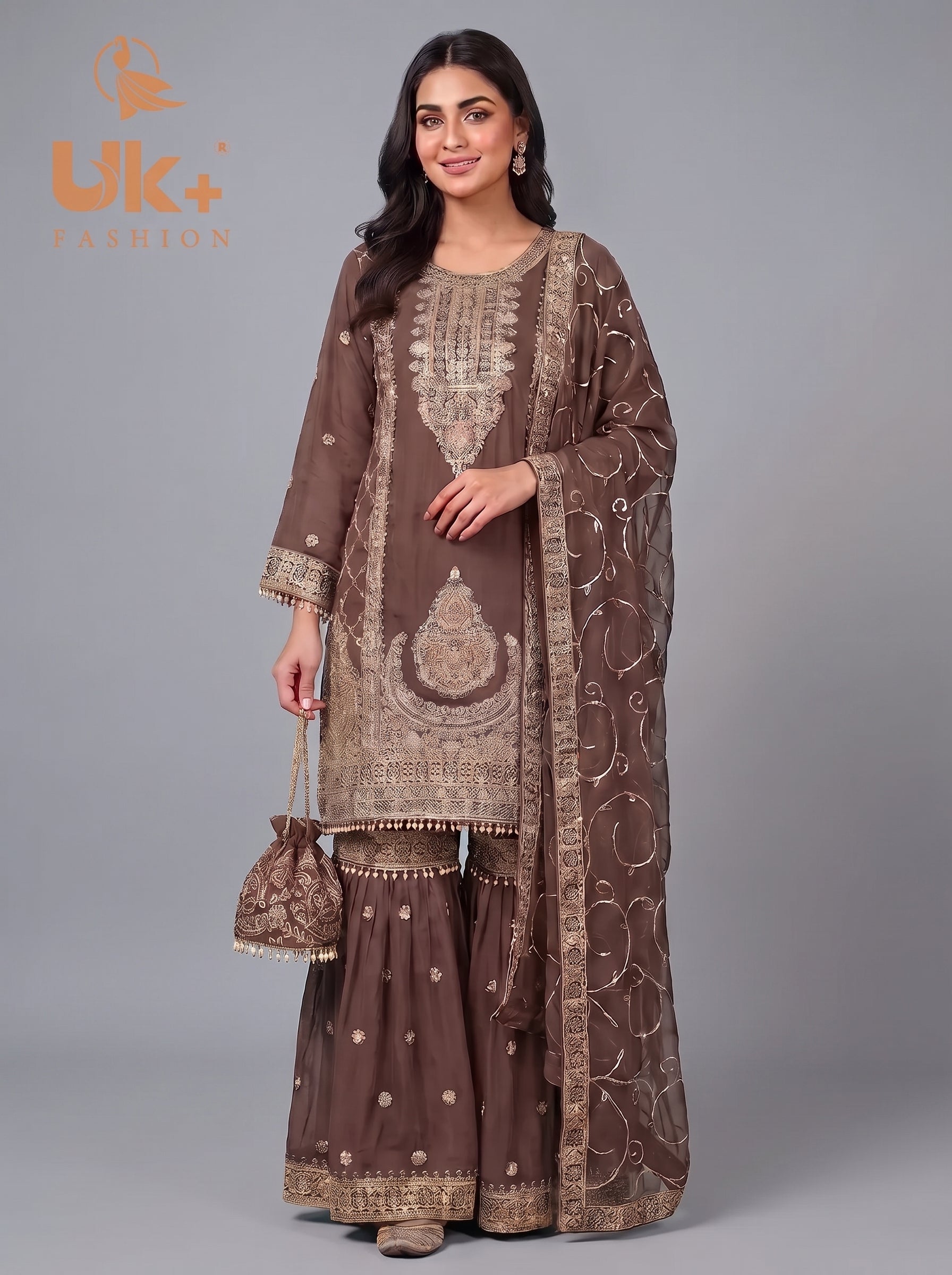 3Pc Embroided Chiffon Shirt, Gharara, Dupatta