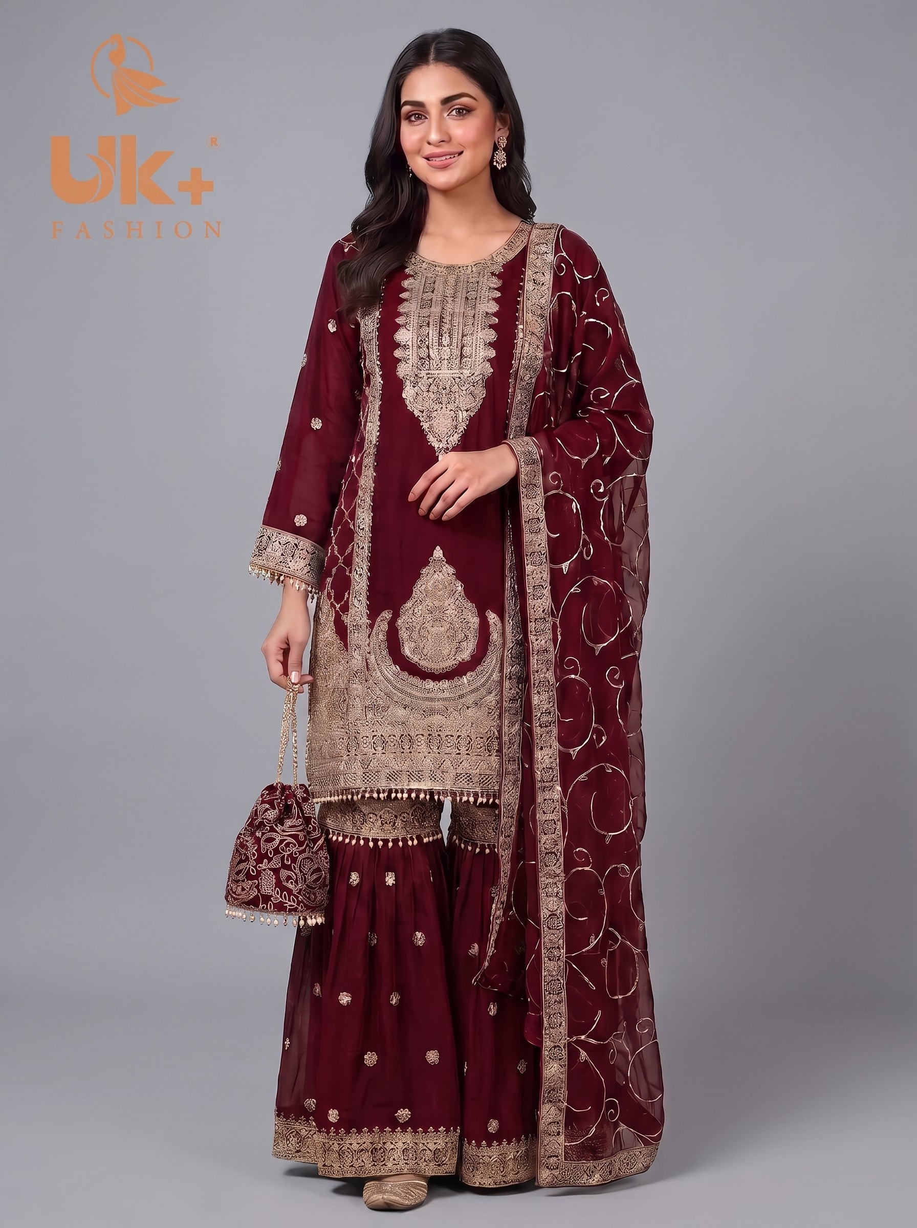 3Pc Embroided Chiffon Shirt, Gharara, Dupatta