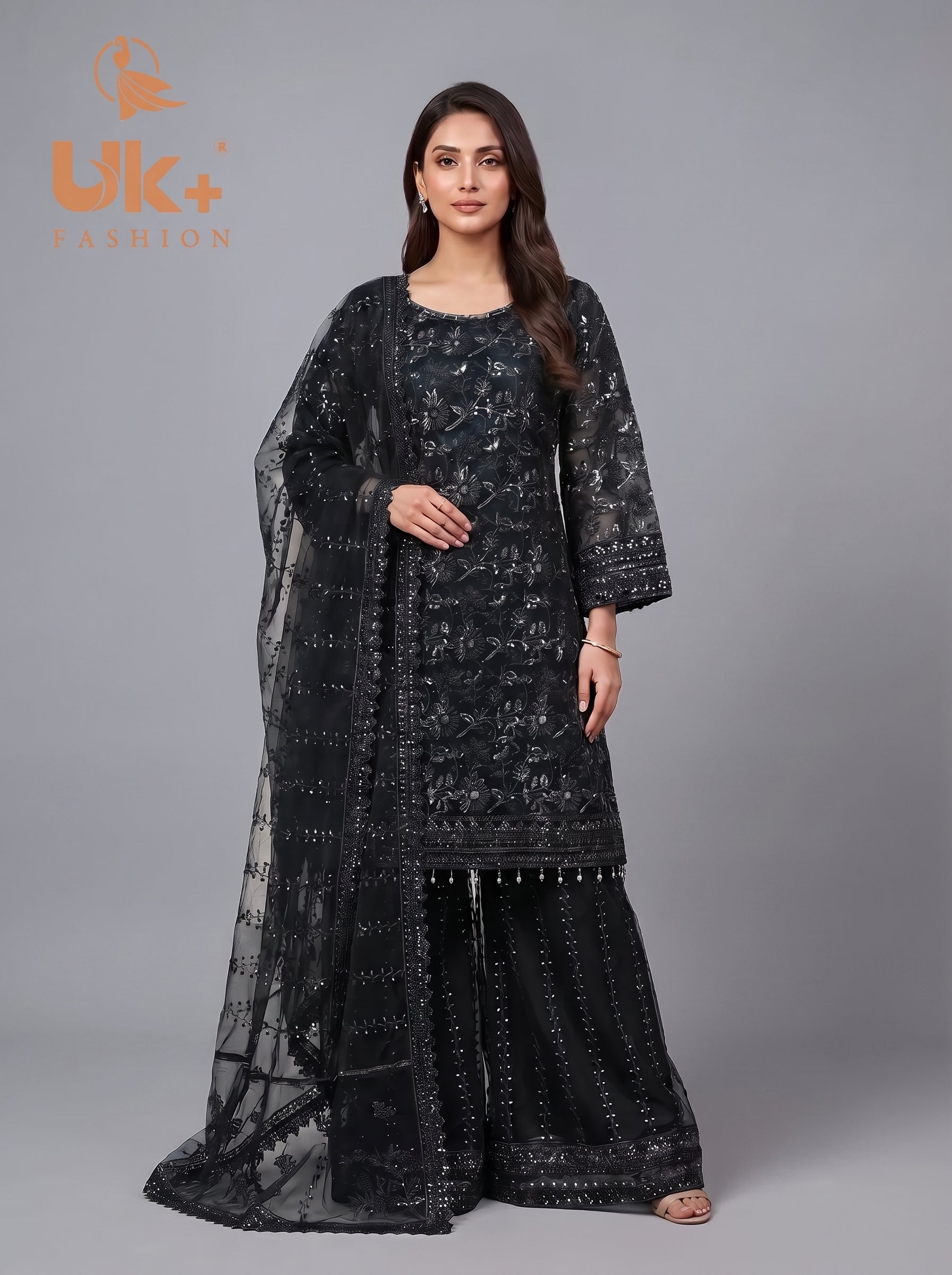 3Pc Embroidered Organza shirt, Plazo & Dupatta