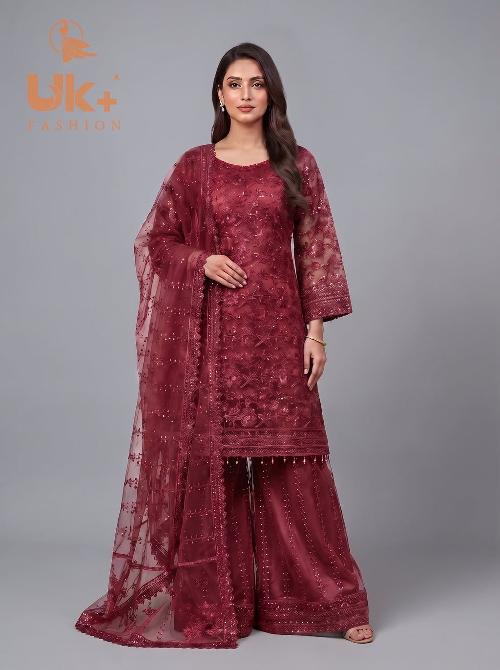 3Pc Embroidered Organza shirt, Plazo & Dupatta