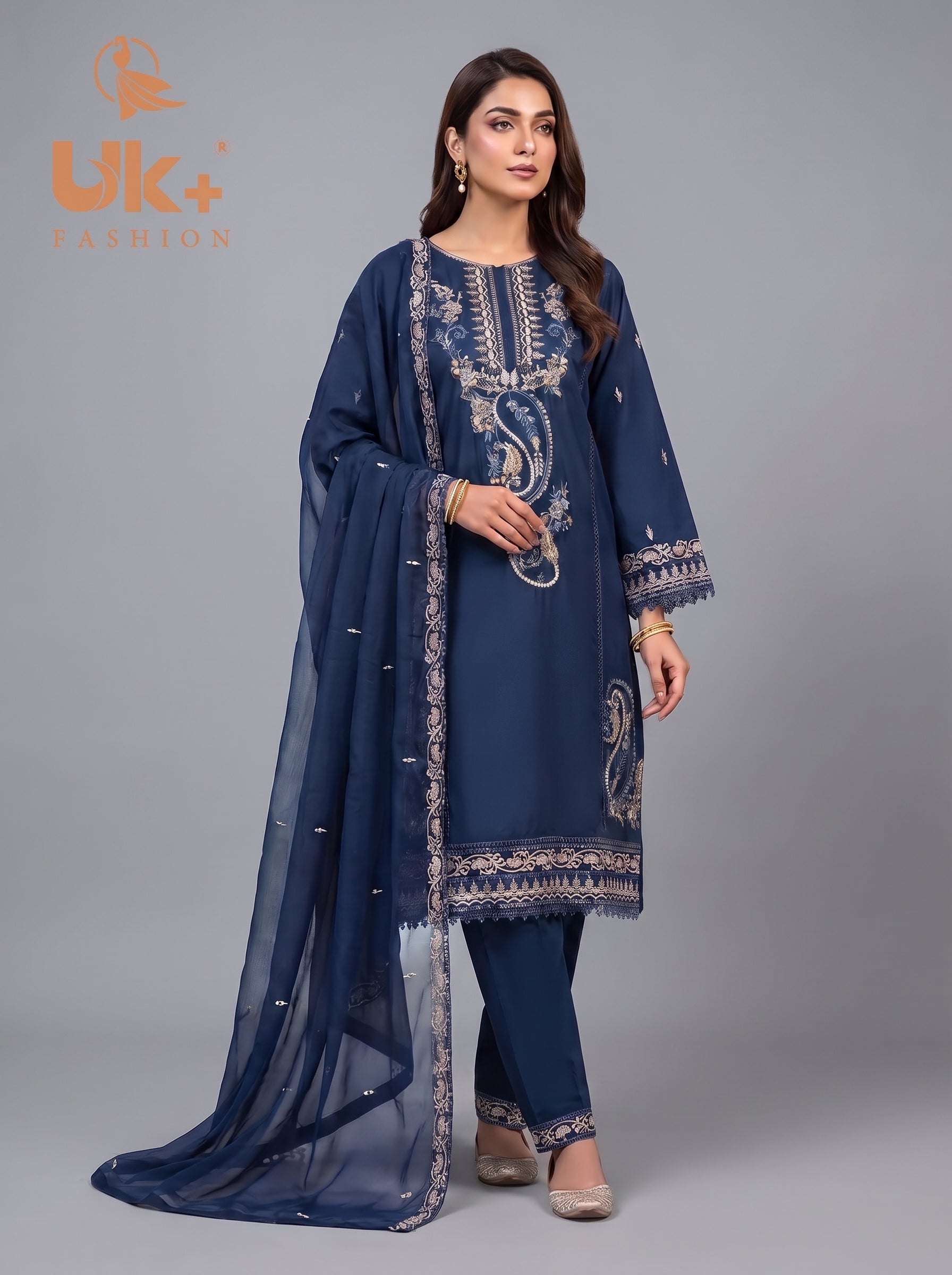 3Pc Embroidered Cotton Shirt, Trouser, Dupatta