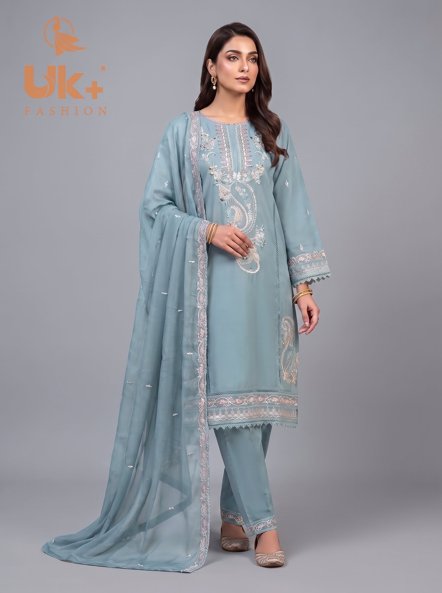 3Pc Embroidered Cotton Shirt, Trouser, Dupatta