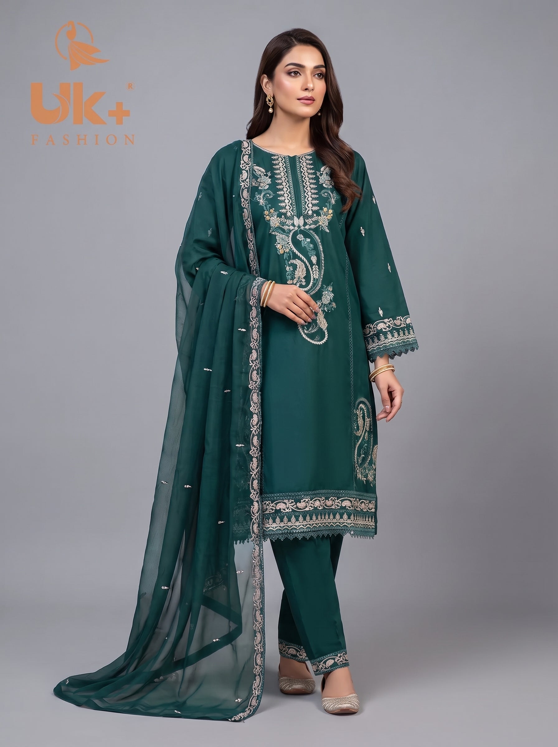 3Pc Embroidered Cotton Shirt, Trouser, Dupatta