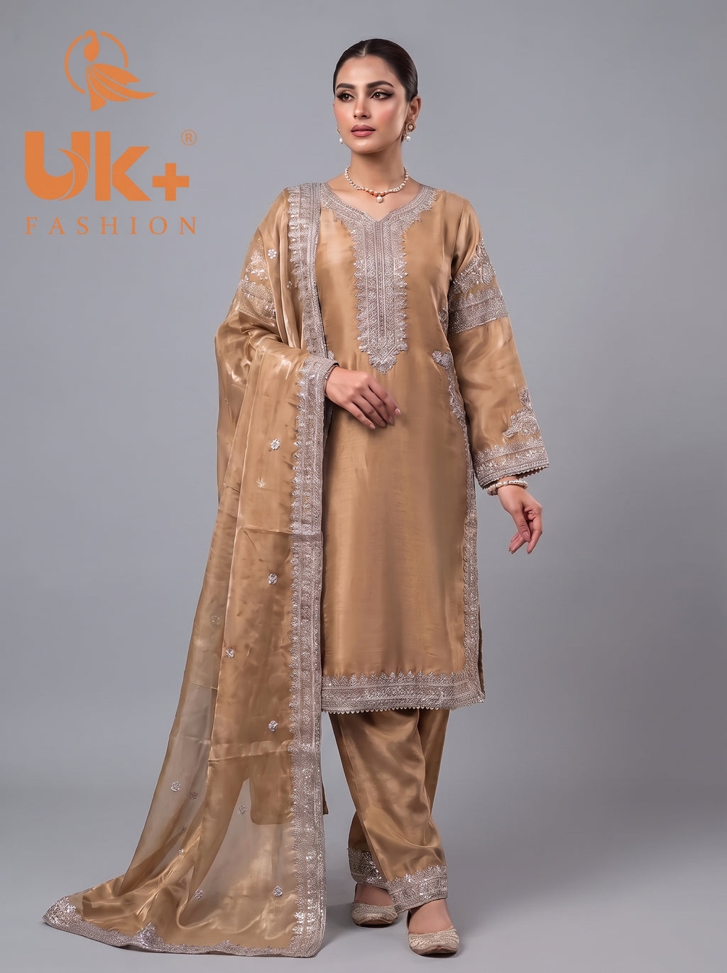 3Pc Embroidered Silk Shirt, Shalwar, Dupatta