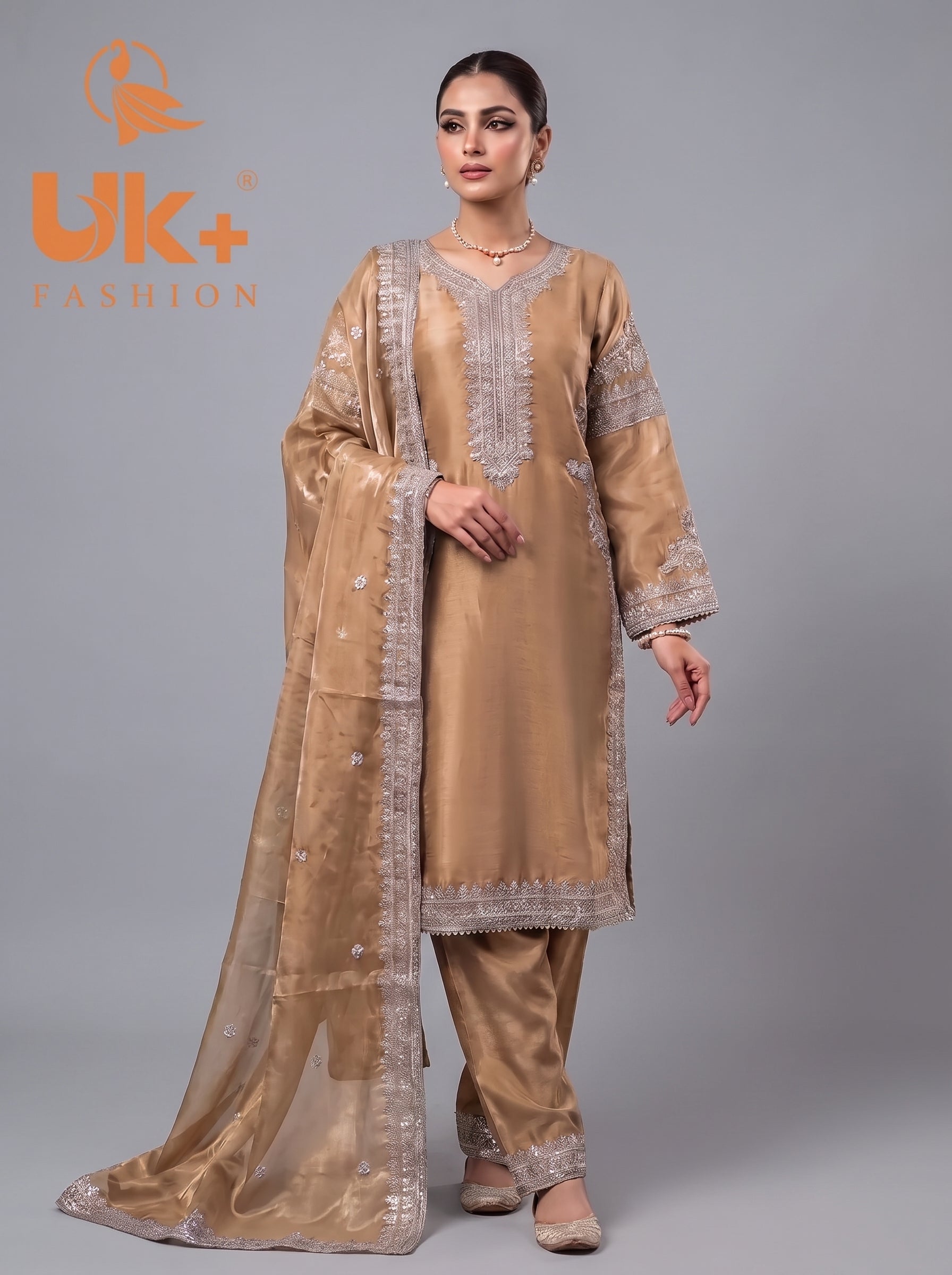 3Pc Embroidered Silk Shirt, Shalwar, Dupatta
