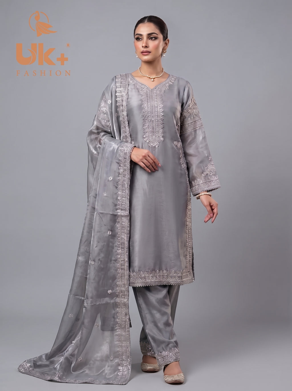 3Pc Embroidered Silk Shirt, Shalwar, Dupatta