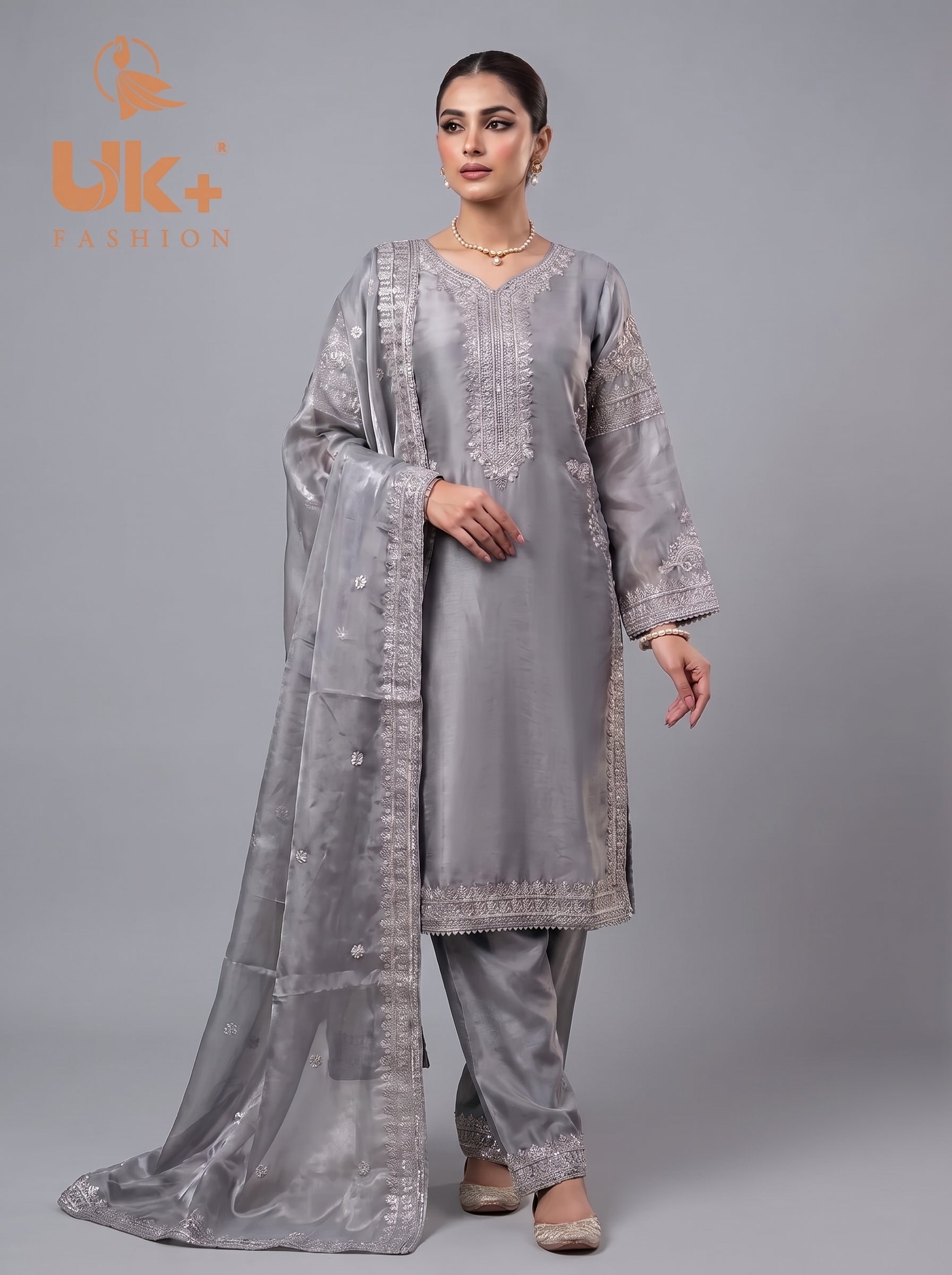 3Pc Embroidered Silk Shirt, Shalwar, Dupatta