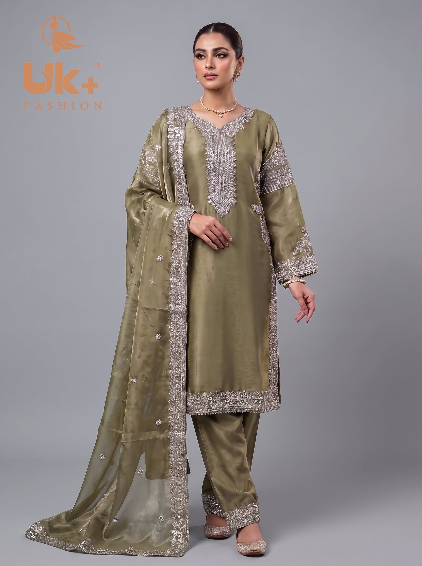 3Pc Embroidered Silk Shirt, Shalwar, Dupatta