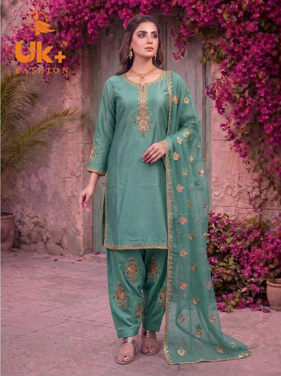 3Pc Embroidered Kataan Silk, Shirt, Farshi Shalwar and Dupatta