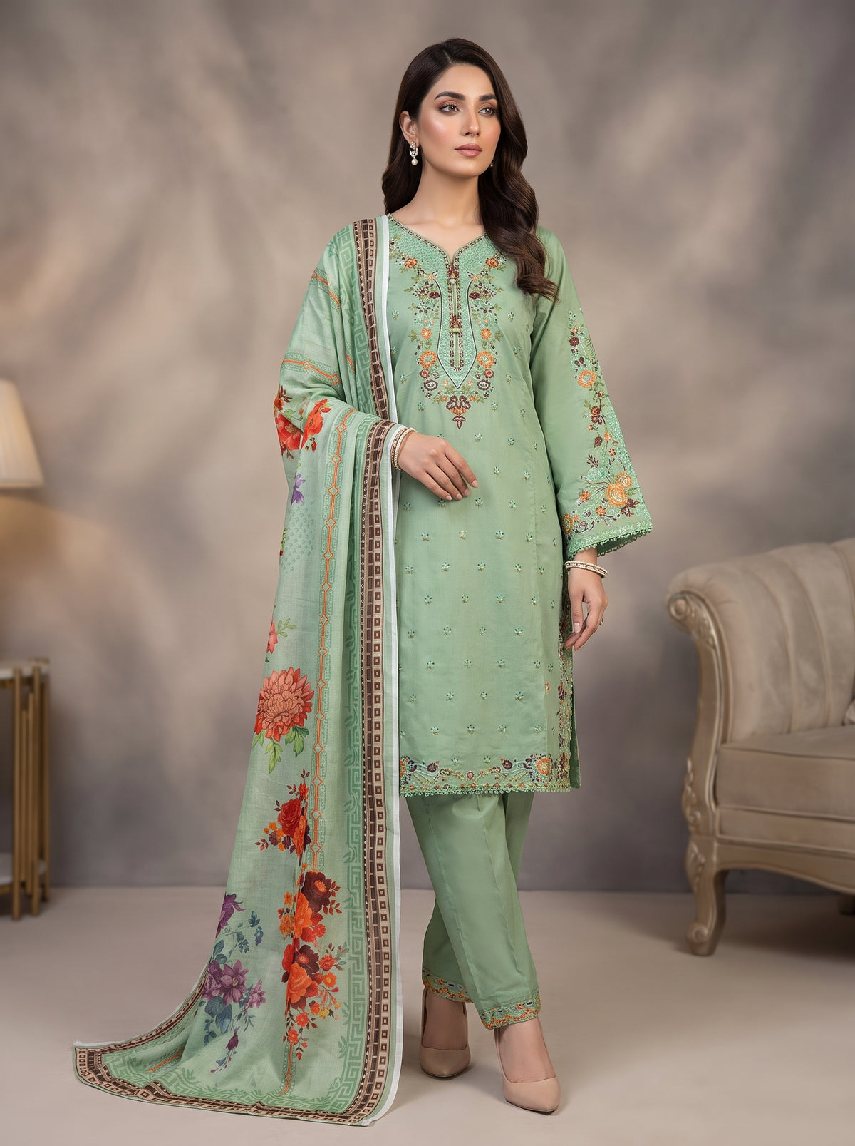 3Pc Embroidered Cotton Shirt, Trouser, Dupatta