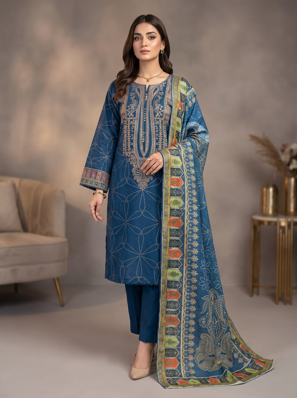 3Pc Embroidered Cotton Shirt, Trouser, Dupatta