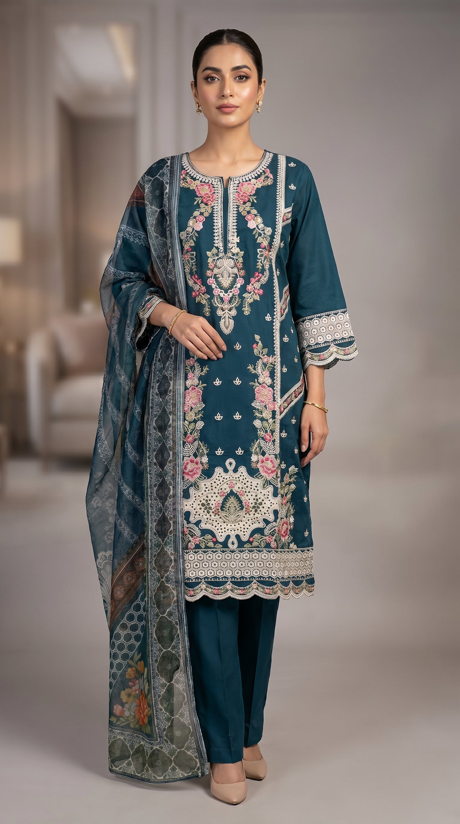 3Pc Embroidered Cotton Shirt, Trouser, Dupatta