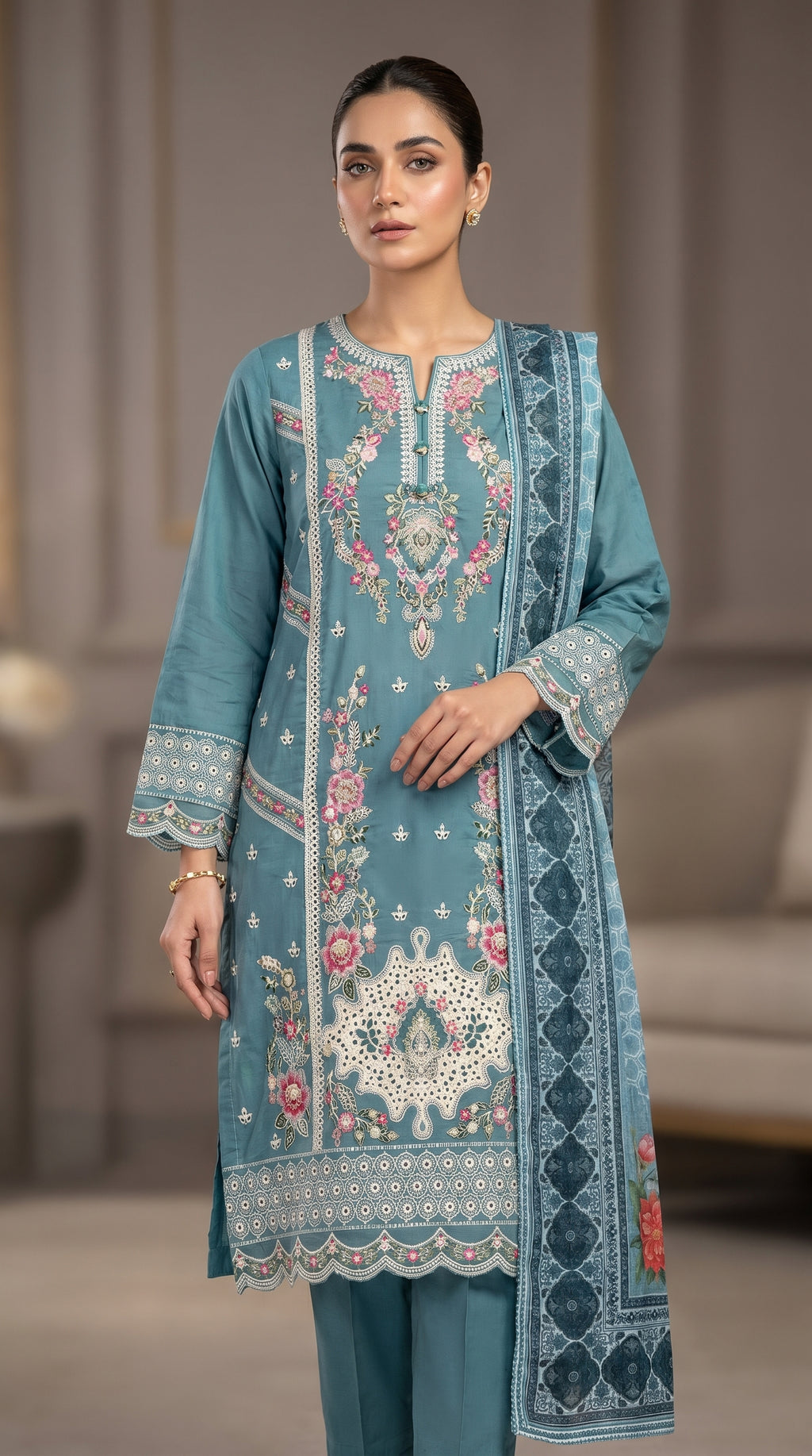 3Pc Embroidered Cotton Shirt, Trouser, Dupatta