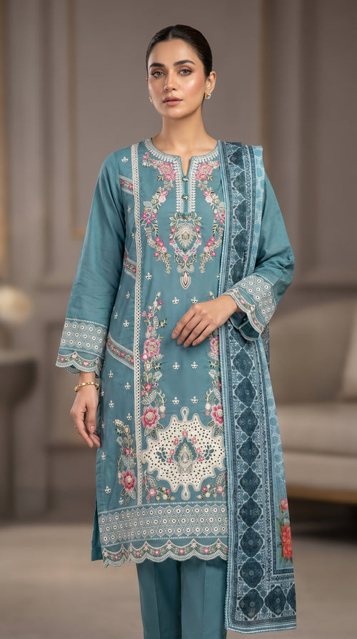 3Pc Embroidered Cotton Shirt, Trouser, Dupatta