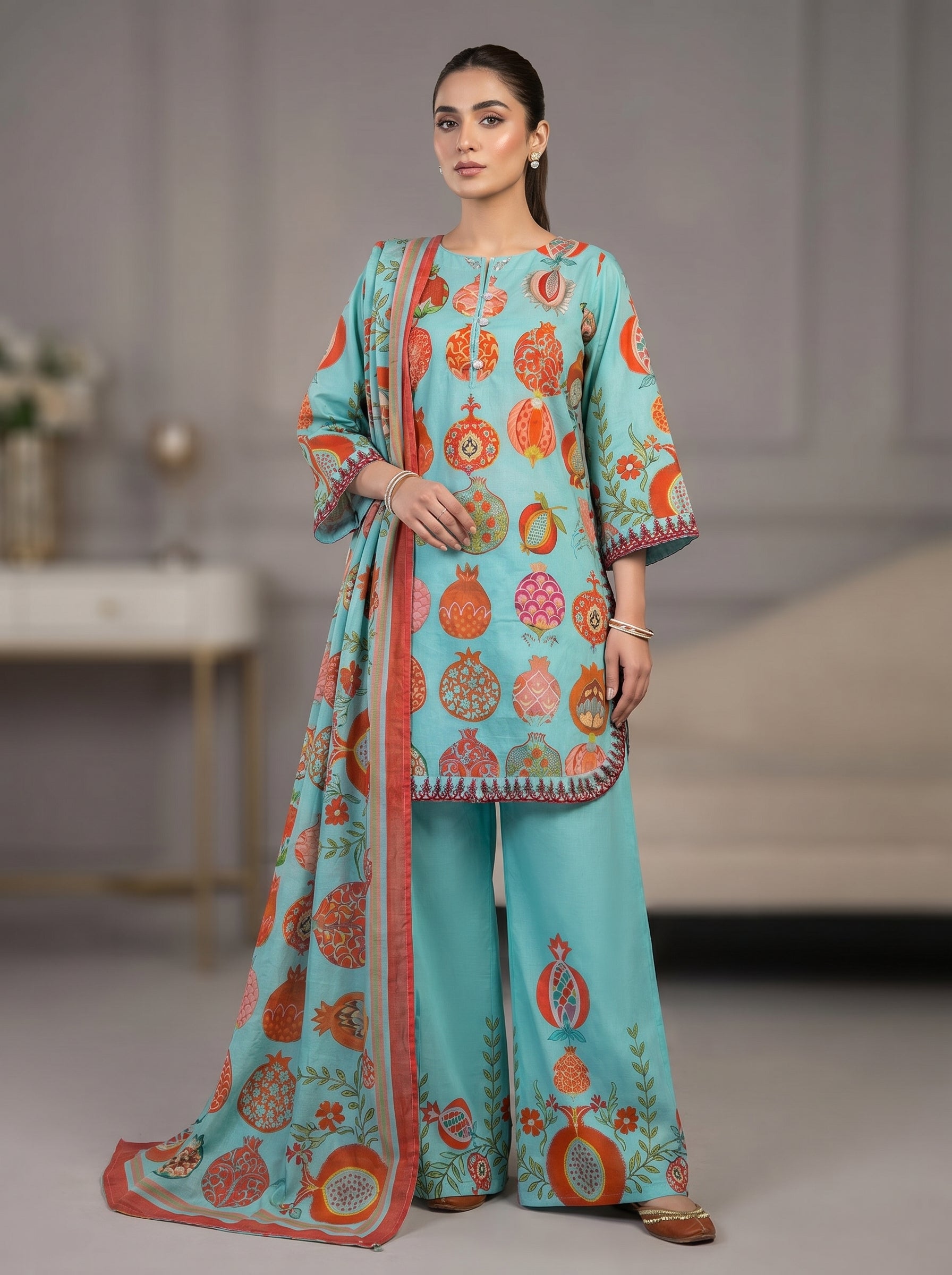 3pc pure lawn Shirt, Farshi Shalwar, Dupatta