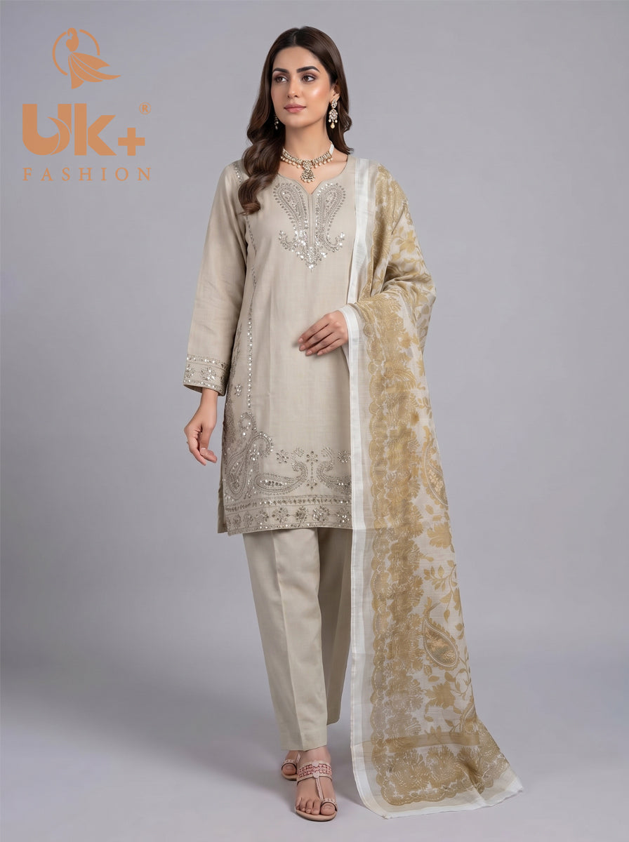 3Pc Embroidered Cotton Shirt, Trouser, Dupatta