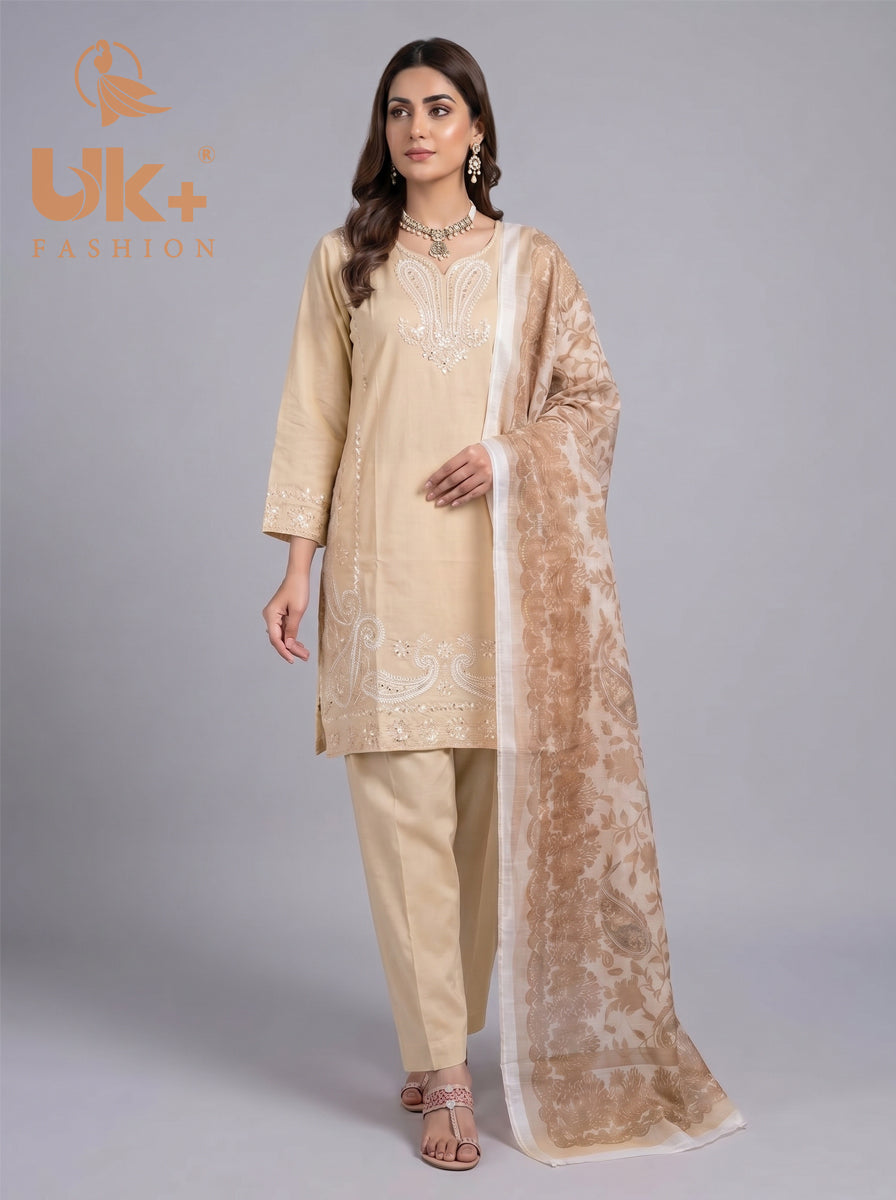 3Pc Embroidered Cotton Shirt, Trouser, Dupatta