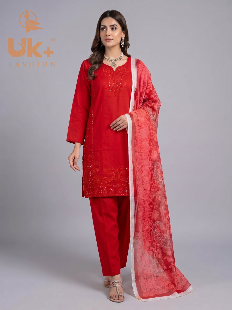 3Pc Embroidered Cotton Shirt, Trouser, Dupatta