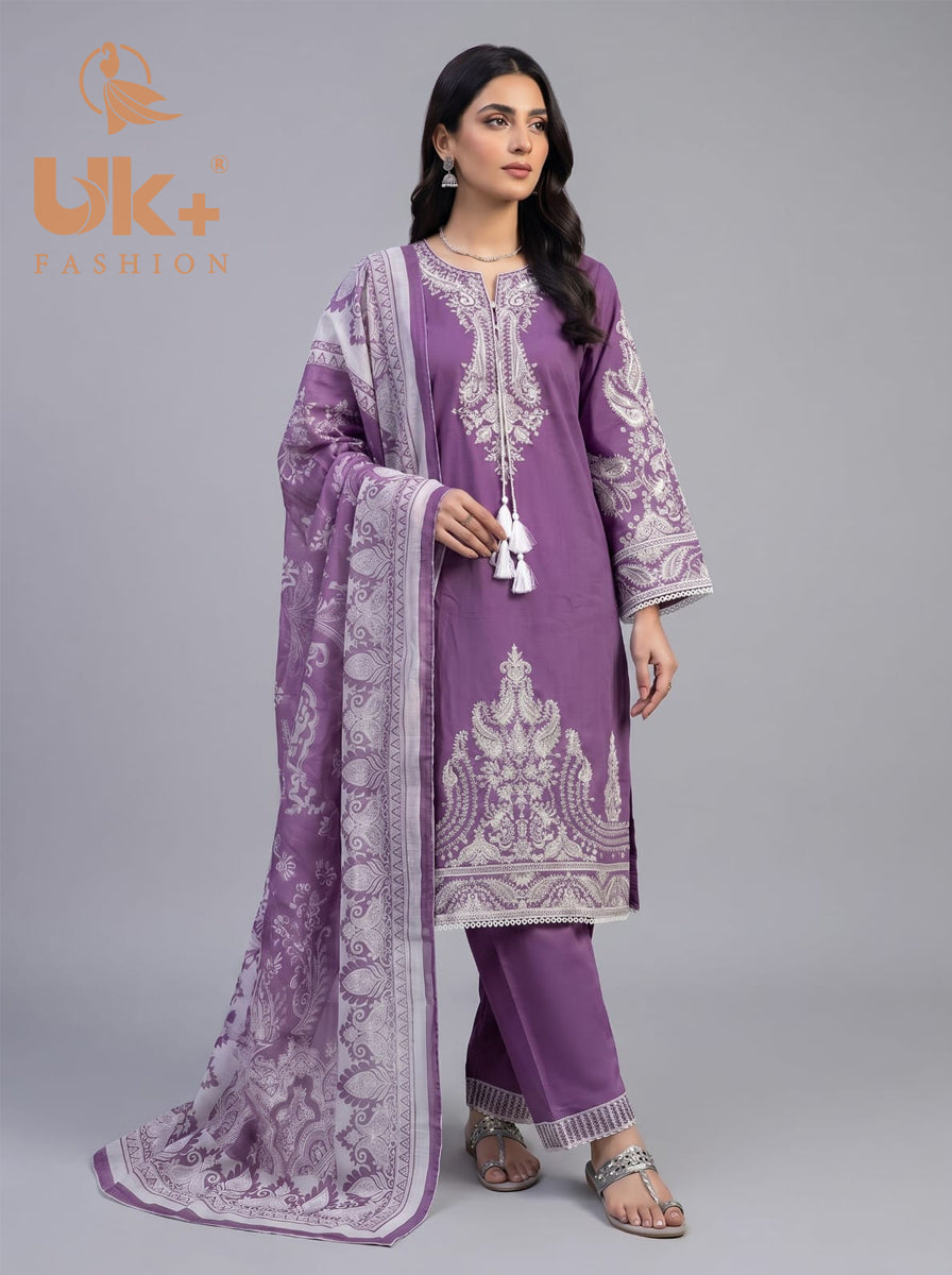 3Pc Embroidered Cotton Shirt, Trouser, Dupatta