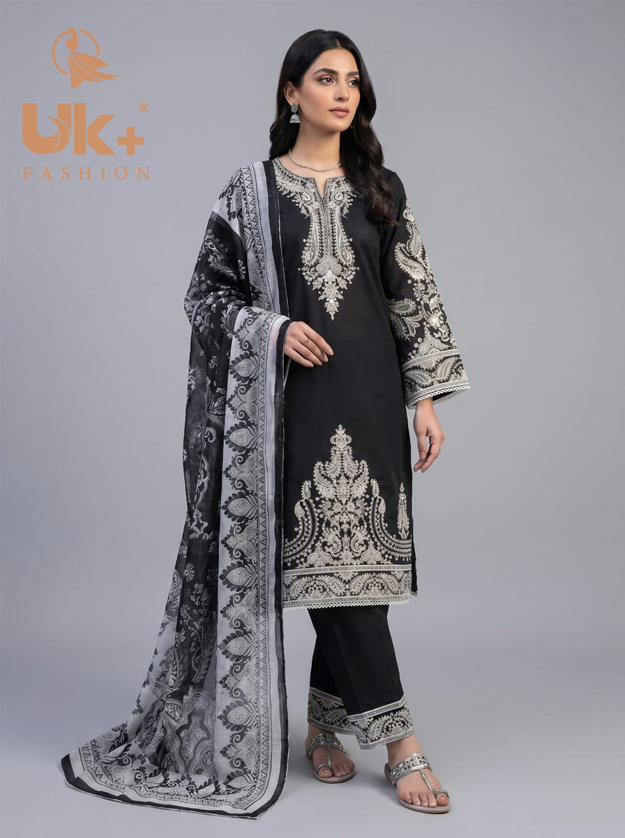 3Pc Embroidered Cotton Shirt, Trouser, Dupatta