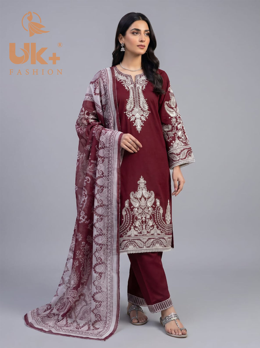 3Pc Embroidered Cotton Shirt, Trouser, Dupatta