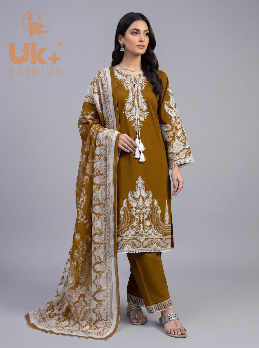 3Pc Embroidered Cotton Shirt, Trouser, Dupatta