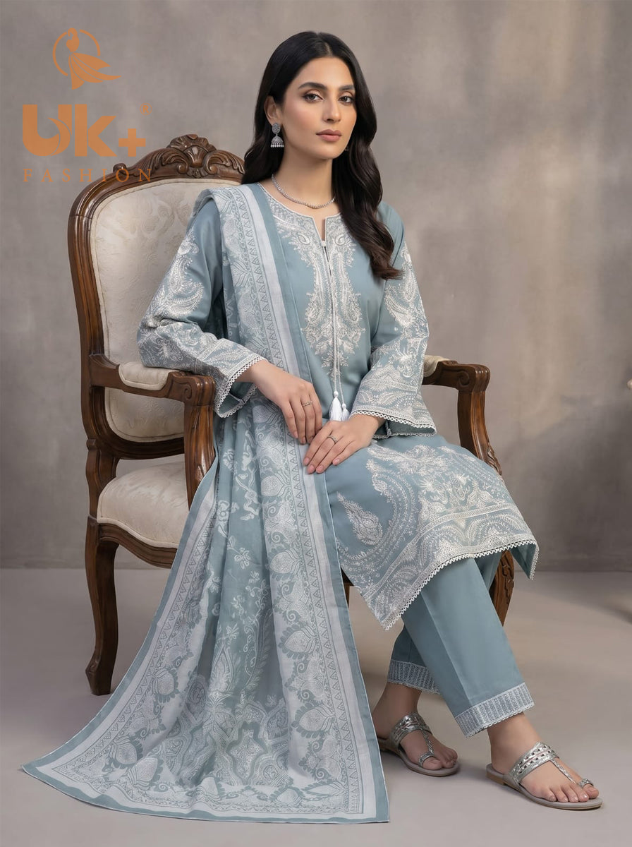 3Pc Embroidered Cotton Shirt, Trouser, Dupatta