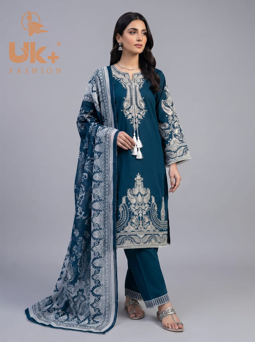 3Pc Embroidered Cotton Shirt, Trouser, Dupatta
