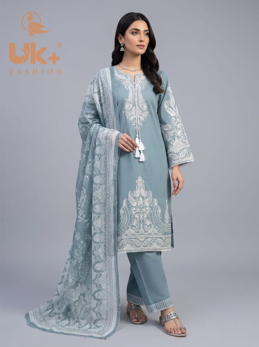 3Pc Embroidered Cotton Shirt, Trouser, Dupatta