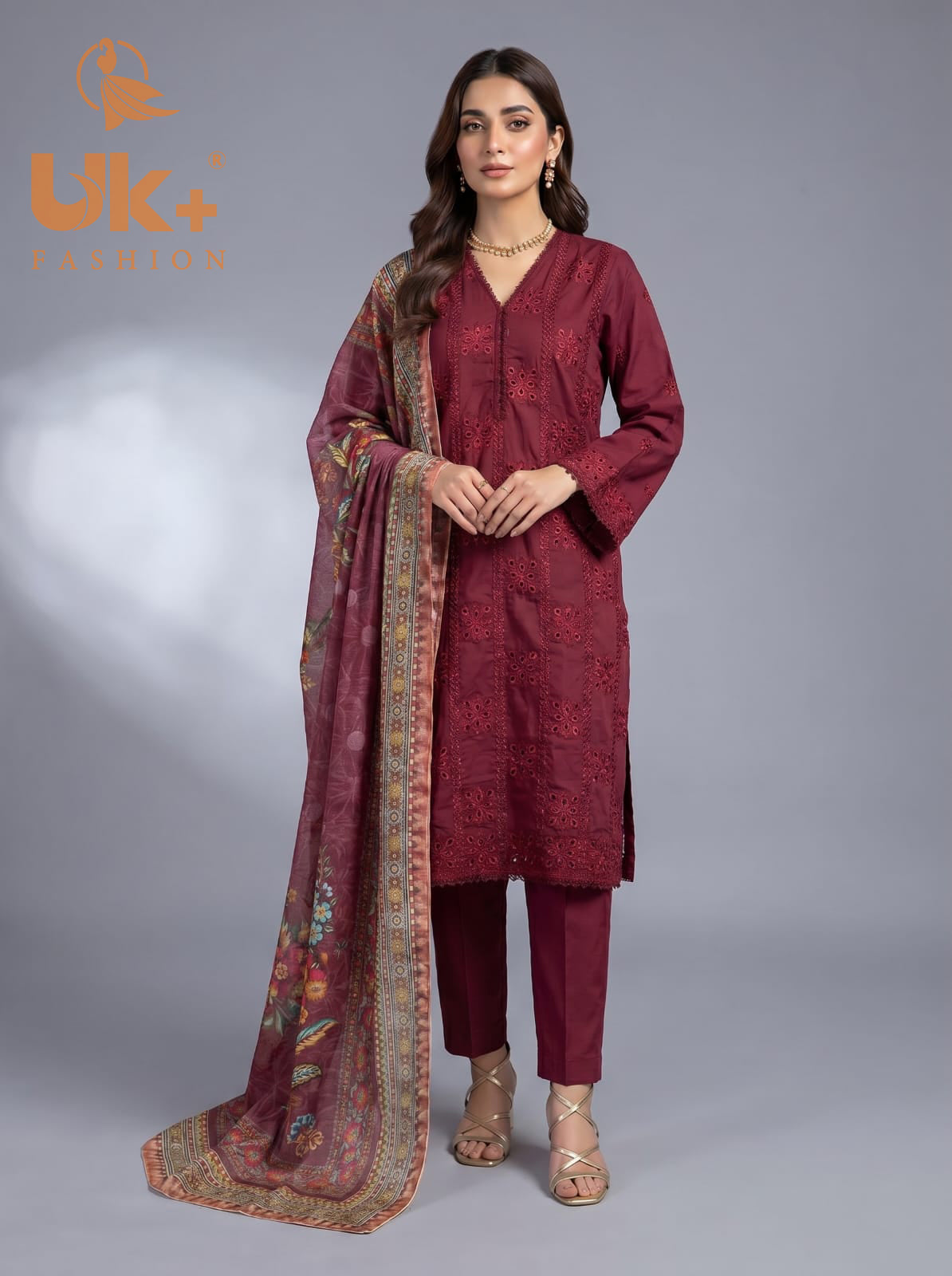 3Pc Embroidered Cotton Shirt, Trouser, Dupatta