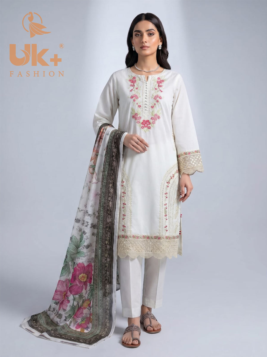 3Pc Embroidered Cotton Shirt, Trouser, Dupatta