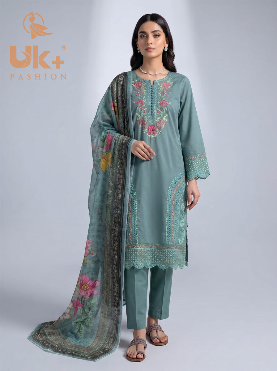 3Pc Embroidered Cotton Shirt, Trouser, Dupatta