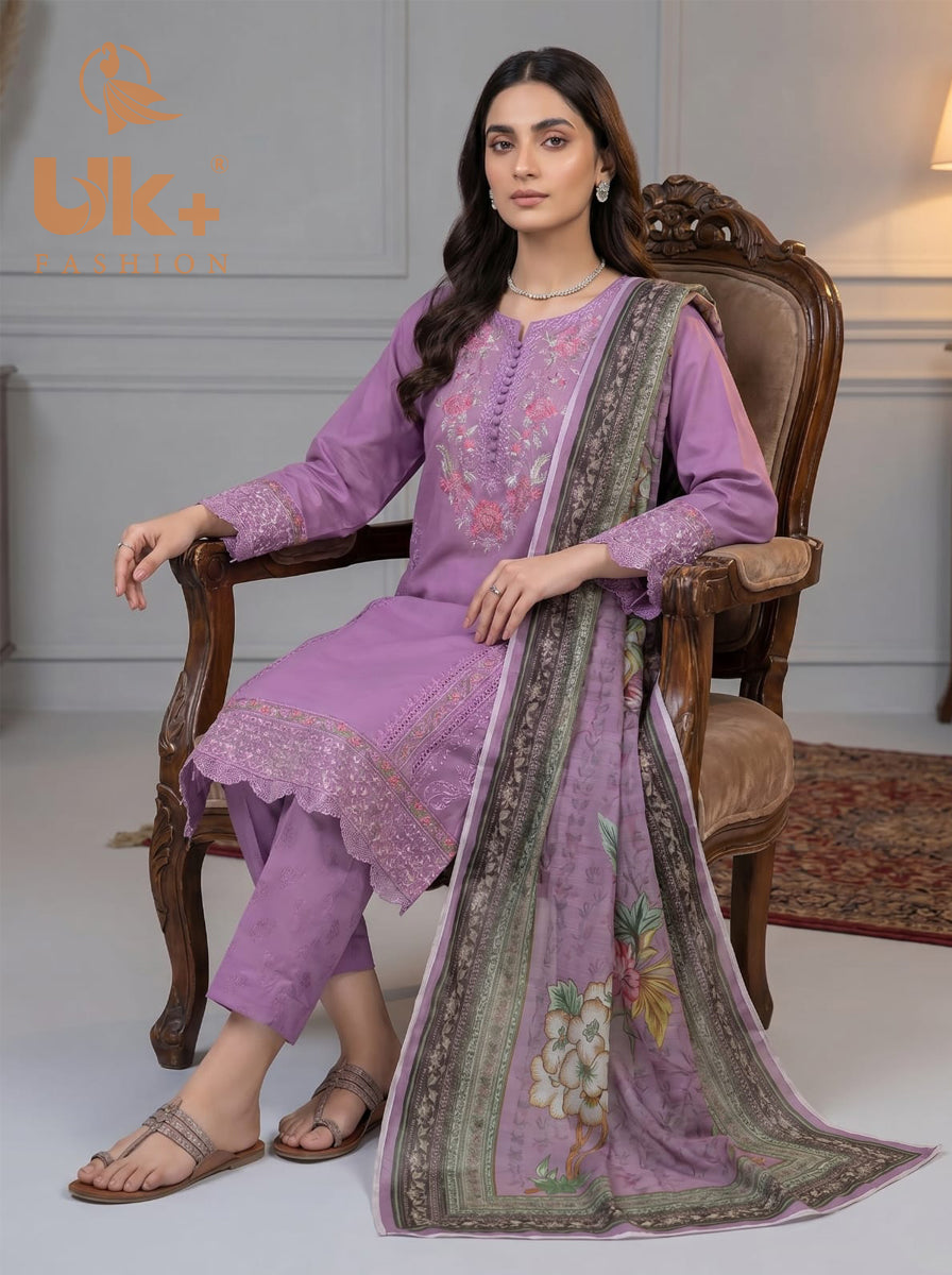 3Pc Embroidered Cotton Shirt, Trouser, Dupatta