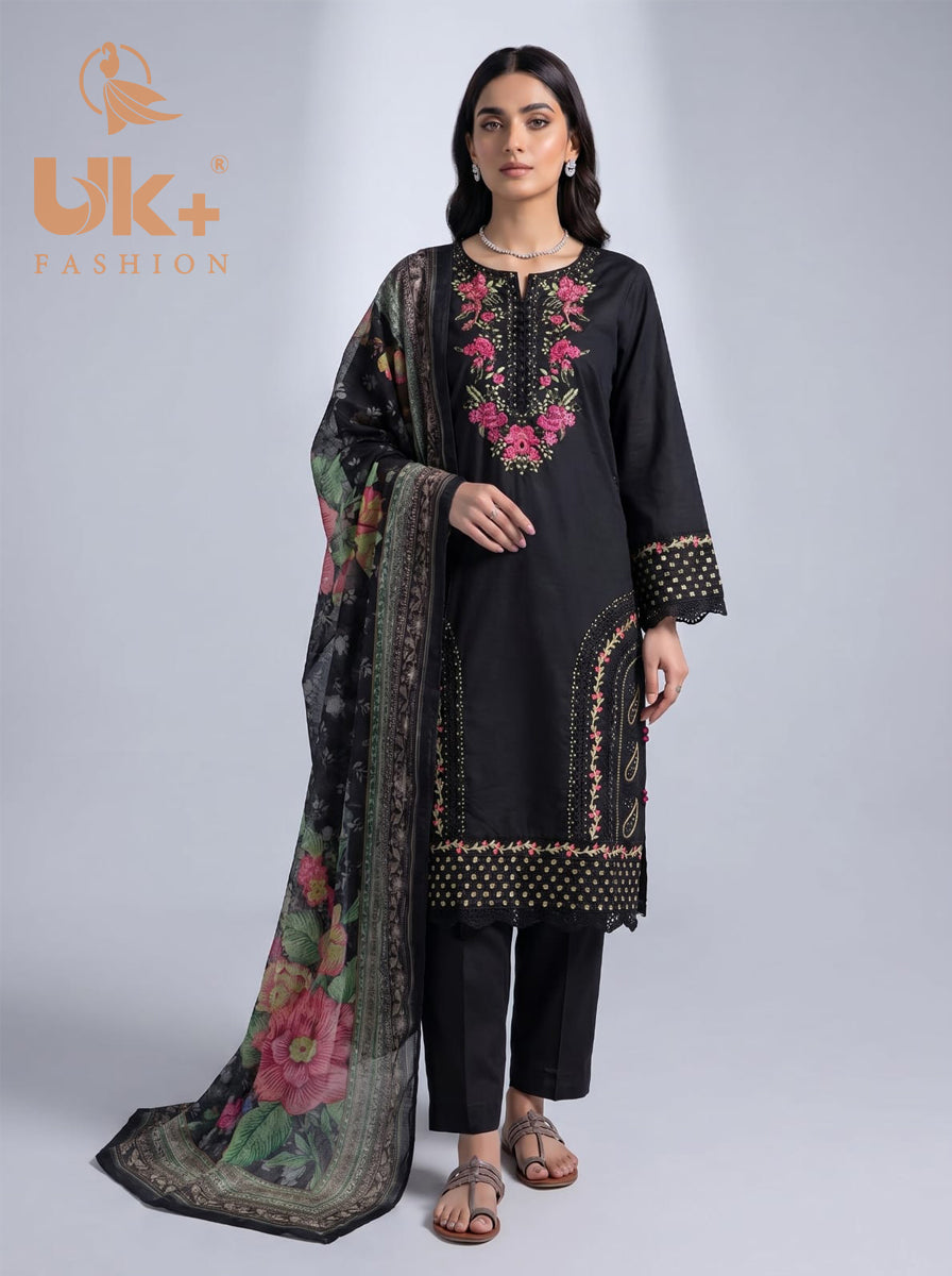 3Pc Embroidered Cotton Shirt, Trouser, Dupatta