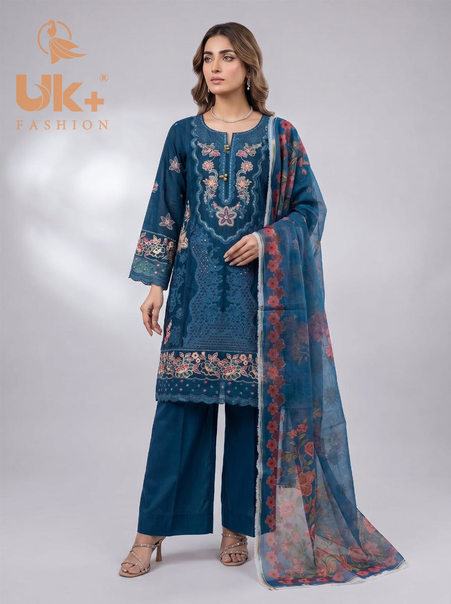 3Pc Embroidered Cotton Shirt, Trouser, Dupatta